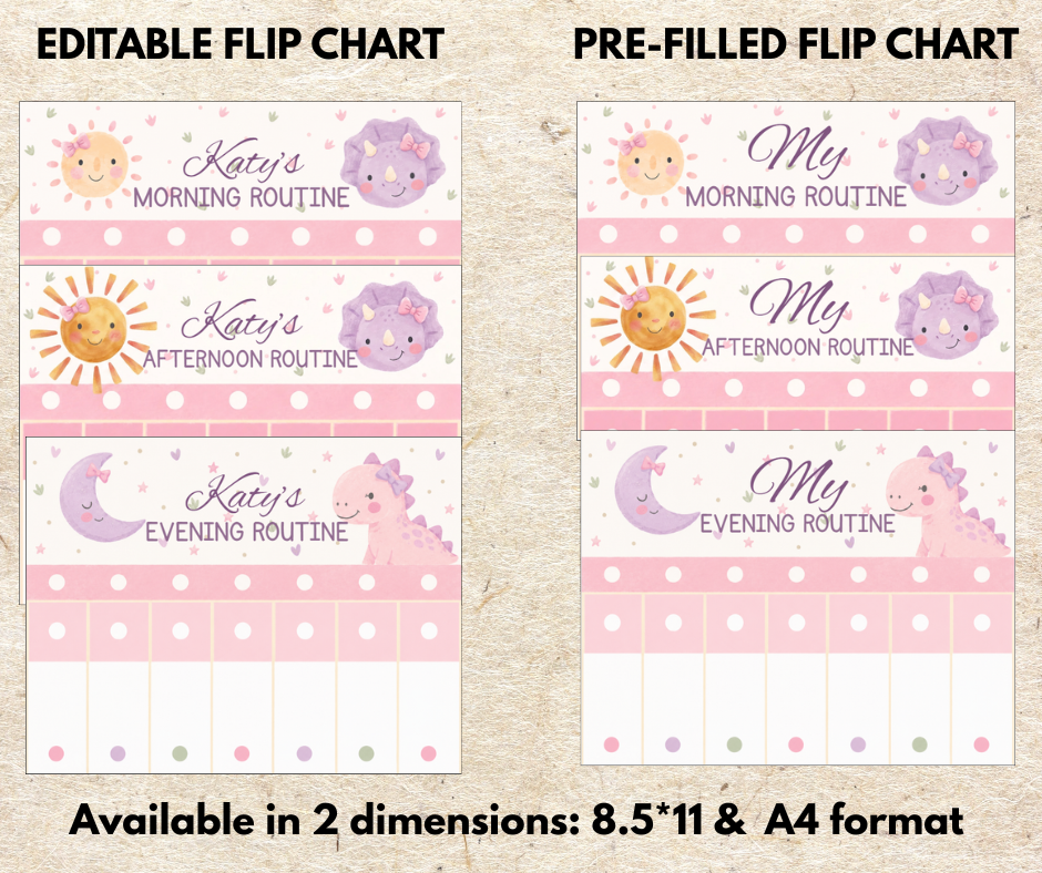 Printable dinosaur daily routine flip chart for Girls & Reward Chart