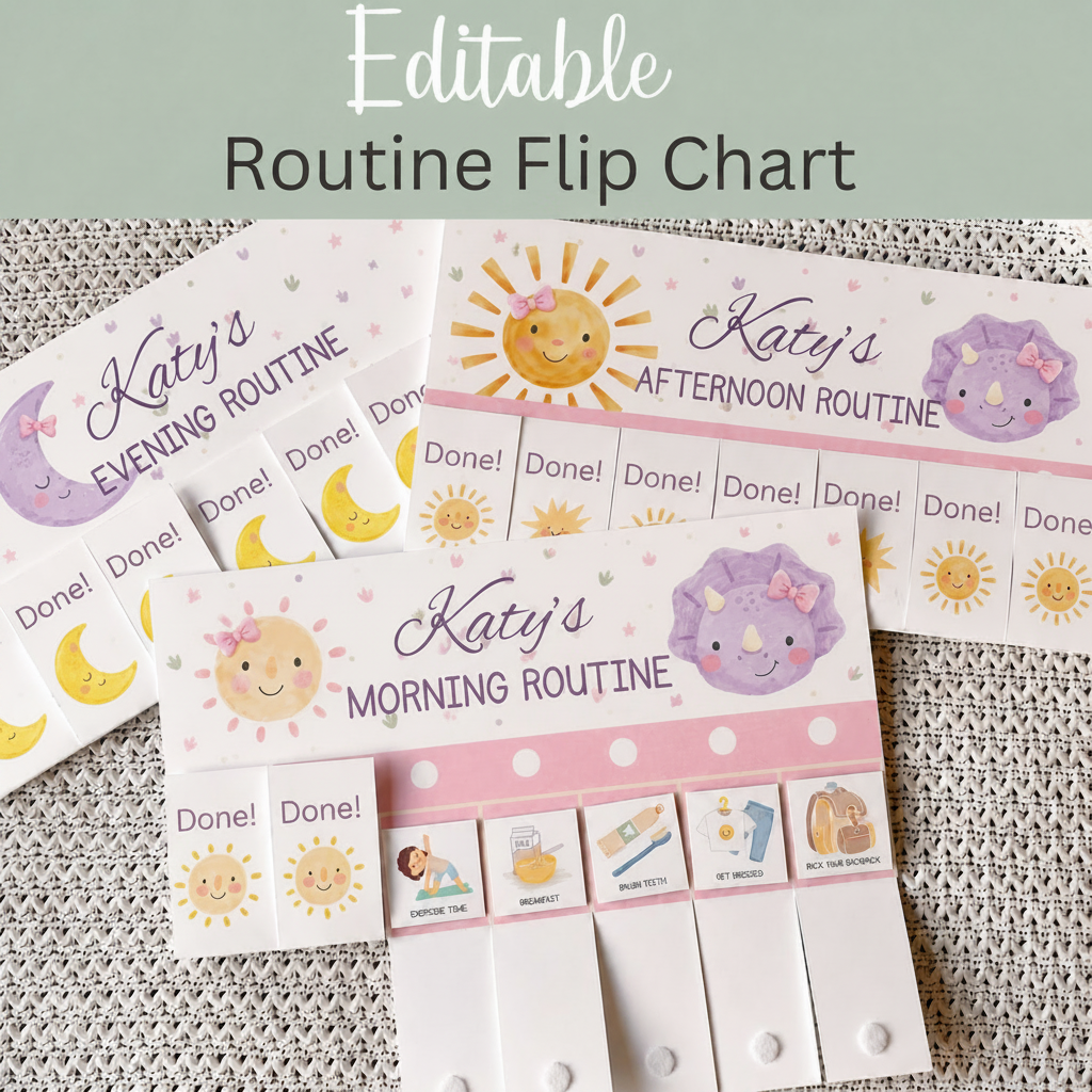 Printable dinosaur daily routine flip chart for Girls & Reward Chart